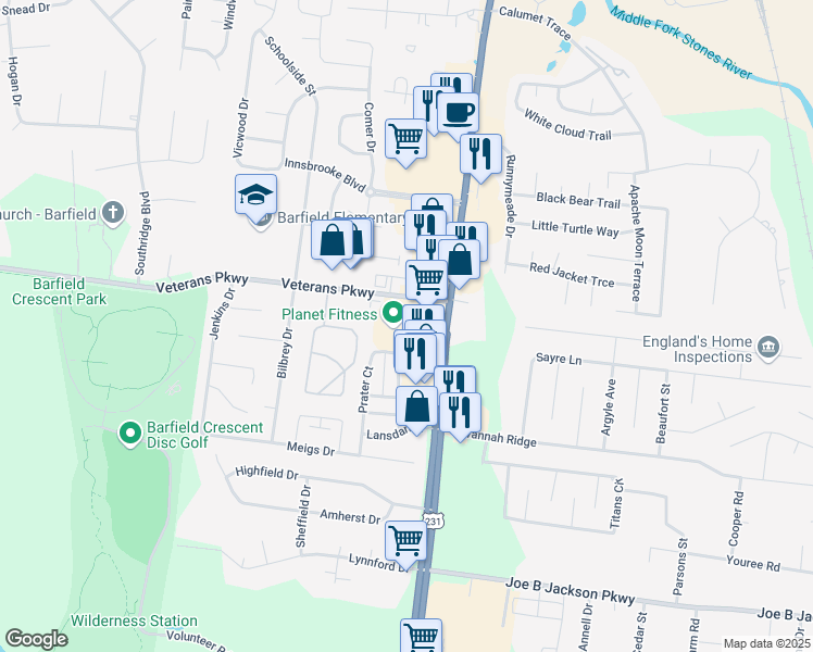 map of restaurants, bars, coffee shops, grocery stores, and more near 3060 South Church Street in Murfreesboro
