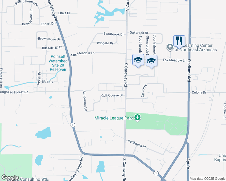 map of restaurants, bars, coffee shops, grocery stores, and more near Willow Creek Lane in Jonesboro