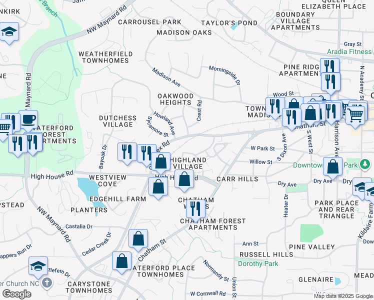 map of restaurants, bars, coffee shops, grocery stores, and more near 514 Matheson Place in Cary