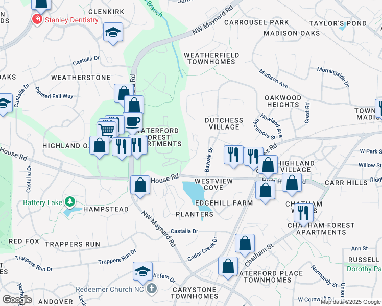 map of restaurants, bars, coffee shops, grocery stores, and more near 209 Orchard Park Drive in Cary