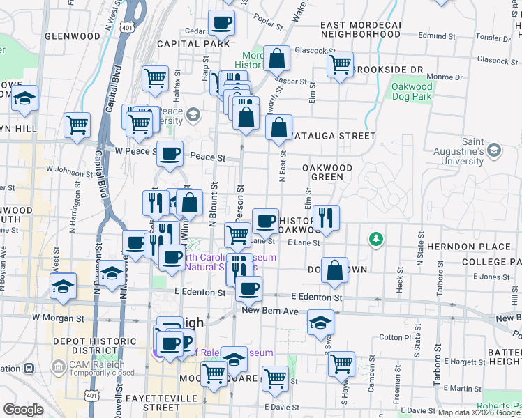 map of restaurants, bars, coffee shops, grocery stores, and more near 411 North Bloodworth Street in Raleigh