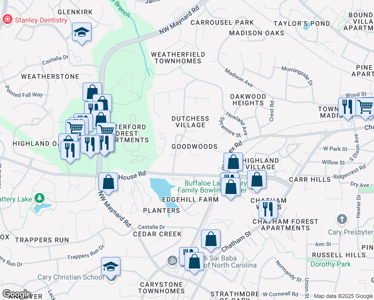 map of restaurants, bars, coffee shops, grocery stores, and more near 106 Canterfield Road in Cary