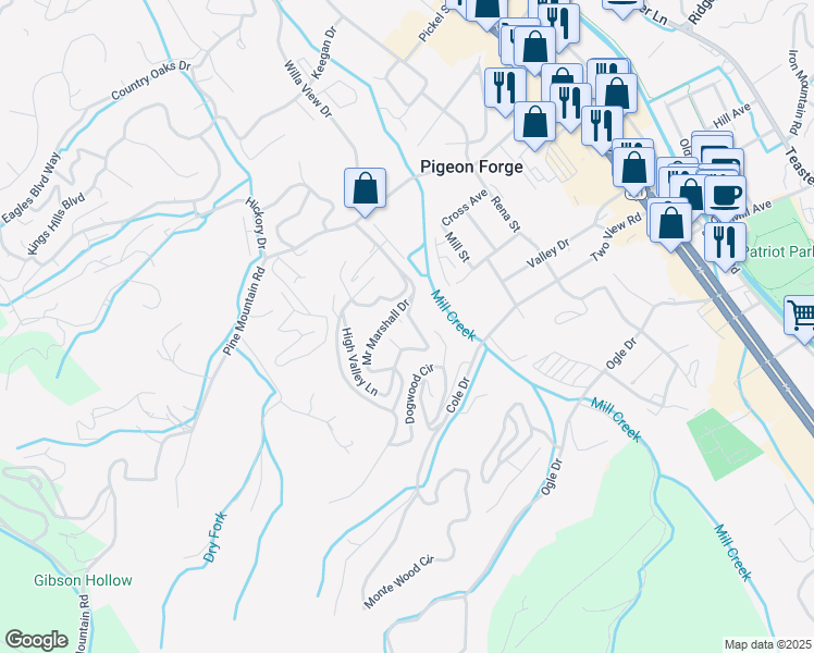 map of restaurants, bars, coffee shops, grocery stores, and more near 3307 Mr Marshall Drive in Pigeon Forge