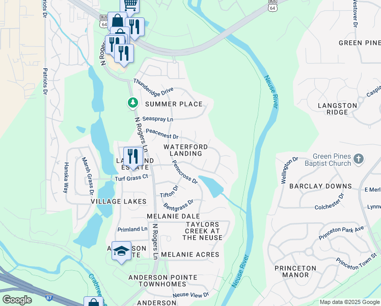 map of restaurants, bars, coffee shops, grocery stores, and more near 5612 Peacenest Drive in Raleigh