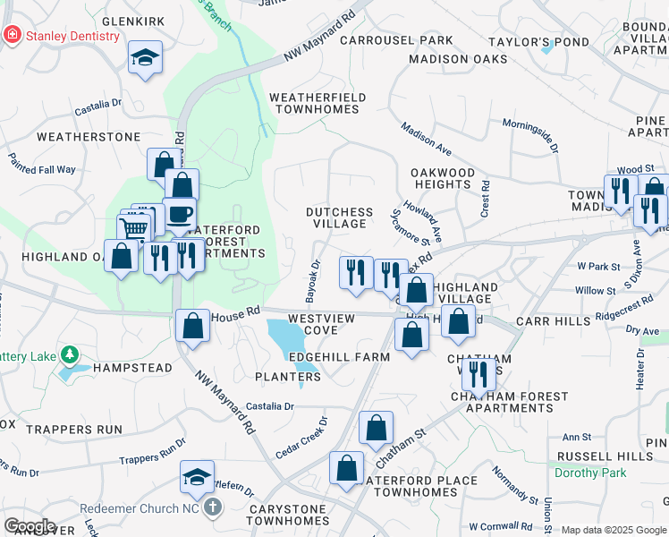 map of restaurants, bars, coffee shops, grocery stores, and more near 106 Canterfield Road in Cary