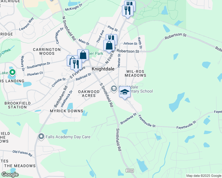 map of restaurants, bars, coffee shops, grocery stores, and more near 119 Harper Street in Knightdale