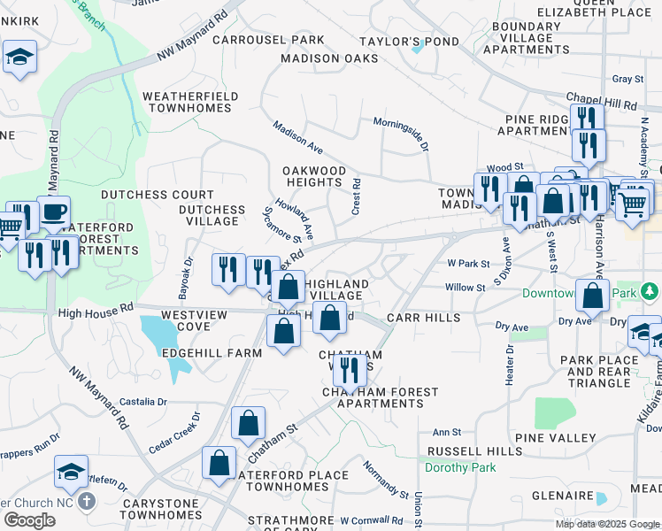 map of restaurants, bars, coffee shops, grocery stores, and more near 520 Matheson Place in Cary