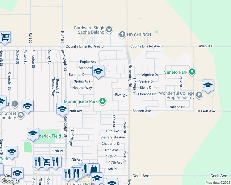 map of restaurants, bars, coffee shops, grocery stores, and more near 2232 Palomar Court in Delano