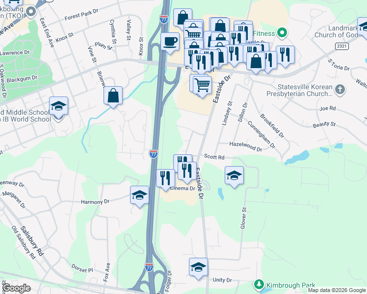 map of restaurants, bars, coffee shops, grocery stores, and more near 414 Dogwood Lane in Statesville