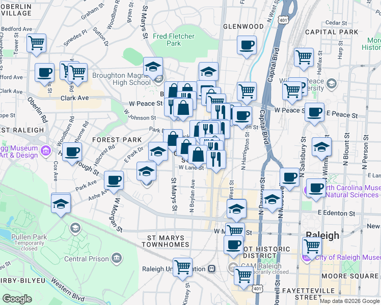 map of restaurants, bars, coffee shops, grocery stores, and more near in Raleigh