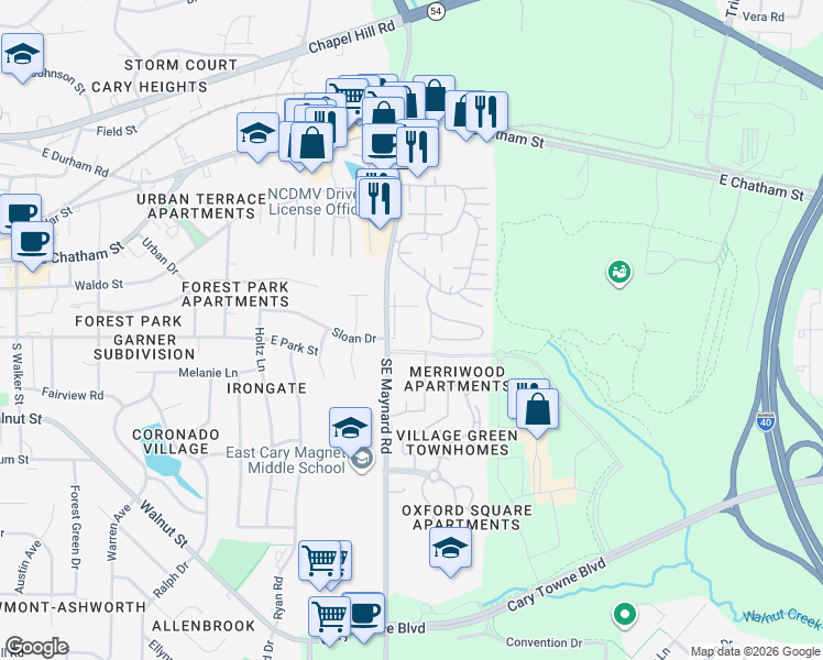 map of restaurants, bars, coffee shops, grocery stores, and more near Unnamed Road in Cary
