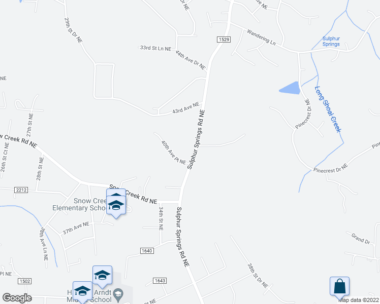 map of restaurants, bars, coffee shops, grocery stores, and more near 4035 Sulphur Springs Road Northeast in Hickory