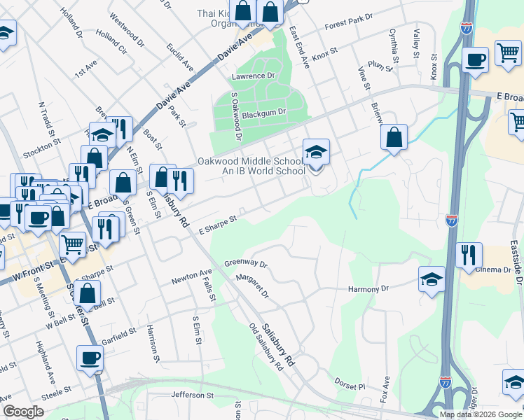 map of restaurants, bars, coffee shops, grocery stores, and more near 320 South Oakwood Drive in Statesville
