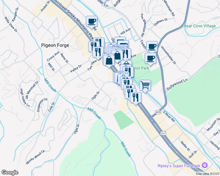 map of restaurants, bars, coffee shops, grocery stores, and more near 203 Ogle Drive in Sevierville