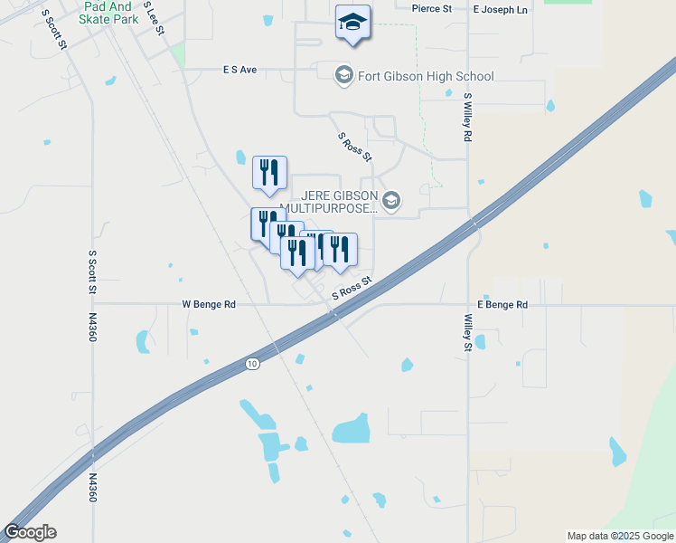 map of restaurants, bars, coffee shops, grocery stores, and more near 1515 South Ross Street in Fort Gibson