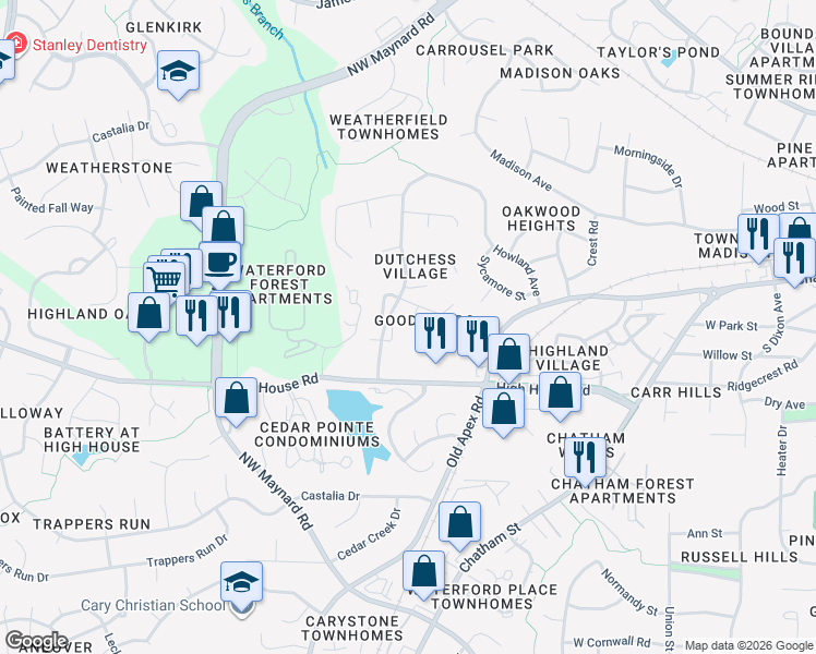 map of restaurants, bars, coffee shops, grocery stores, and more near 106 Canterfield Road in Cary