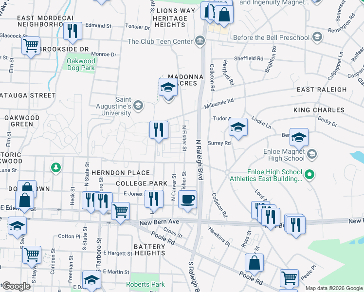 map of restaurants, bars, coffee shops, grocery stores, and more near in Raleigh