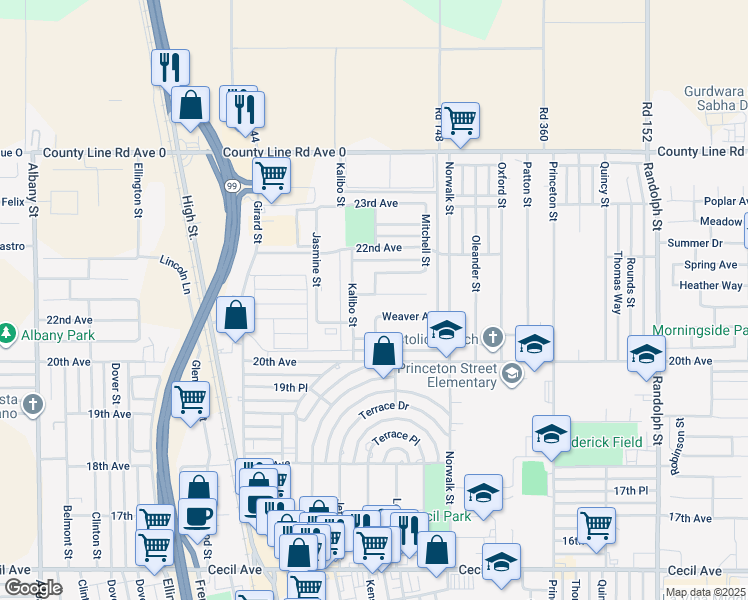 map of restaurants, bars, coffee shops, grocery stores, and more near 1023 Alila Avenue in Delano