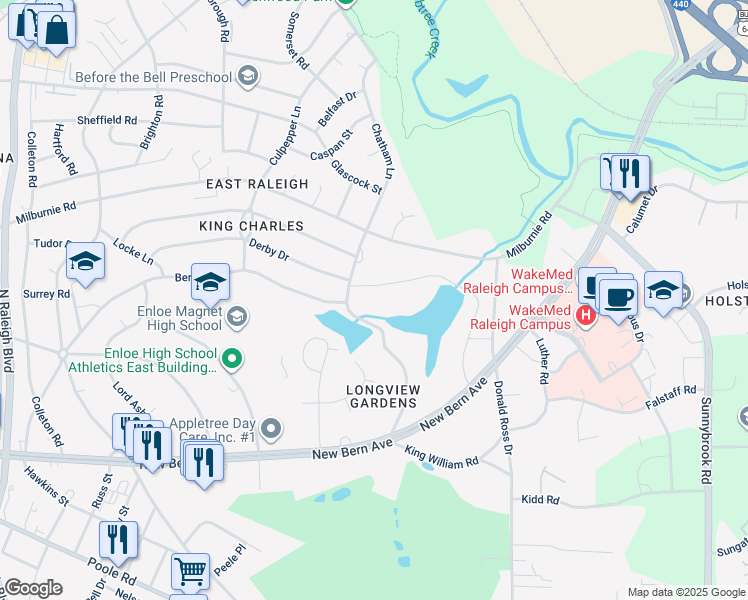 map of restaurants, bars, coffee shops, grocery stores, and more near 2508 Albemarle Avenue in Raleigh
