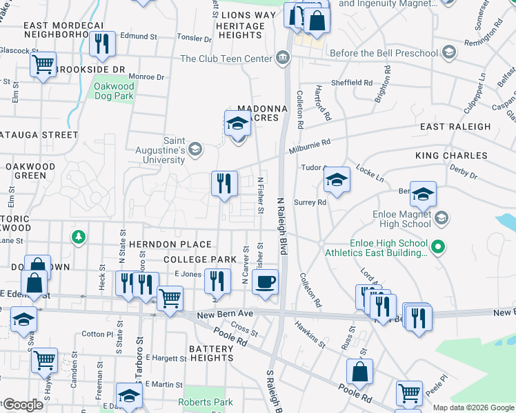 map of restaurants, bars, coffee shops, grocery stores, and more near in Raleigh