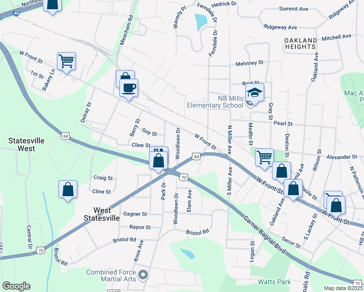 map of restaurants, bars, coffee shops, grocery stores, and more near 135 Woodlawn Drive in Statesville