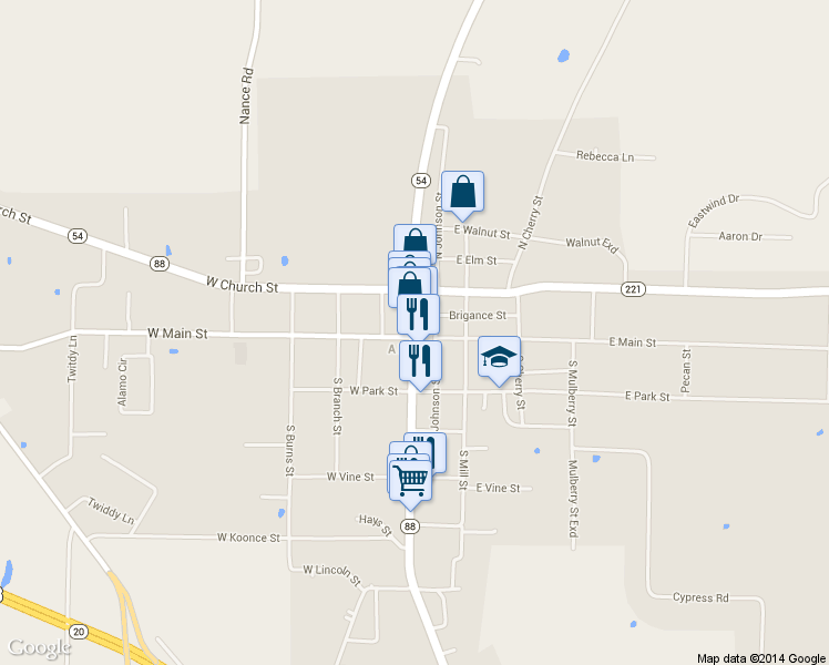 map of restaurants, bars, coffee shops, grocery stores, and more near 2-98 North Court Street in Alamo