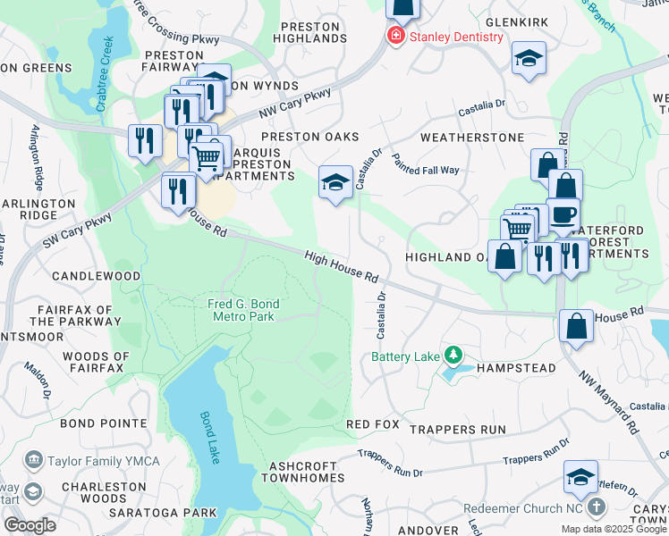 map of restaurants, bars, coffee shops, grocery stores, and more near 799 High House Road in Cary
