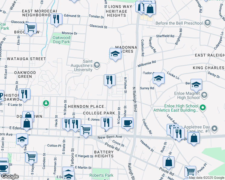 map of restaurants, bars, coffee shops, grocery stores, and more near 421 Sunglow Lane in Raleigh