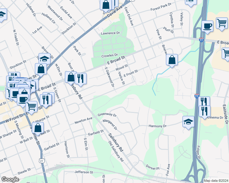 map of restaurants, bars, coffee shops, grocery stores, and more near 320 South Oakwood Drive in Statesville