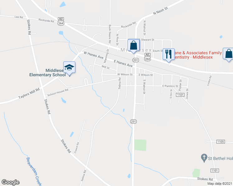 map of restaurants, bars, coffee shops, grocery stores, and more near 10416 Selma Road in Middlesex