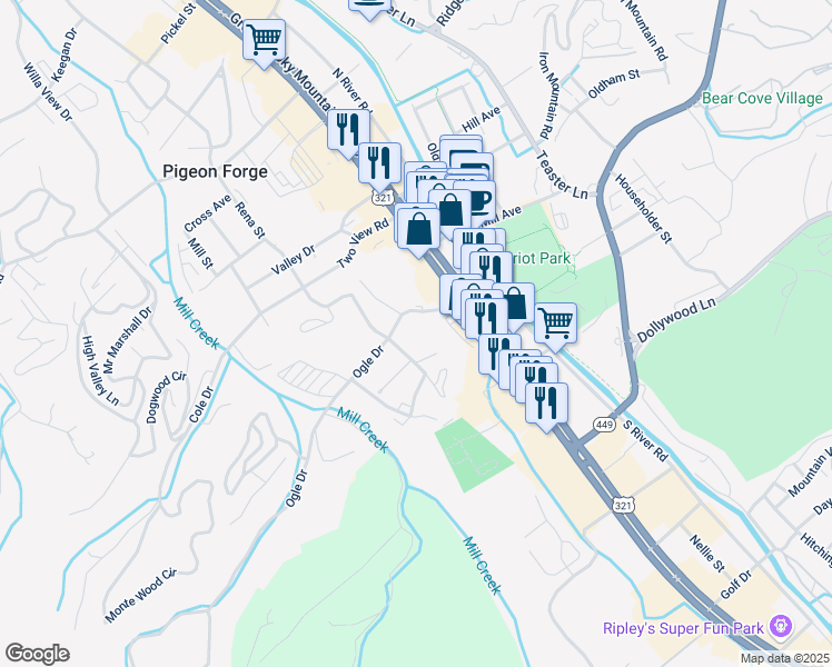 map of restaurants, bars, coffee shops, grocery stores, and more near 203 Ogle Dr in Sevierville