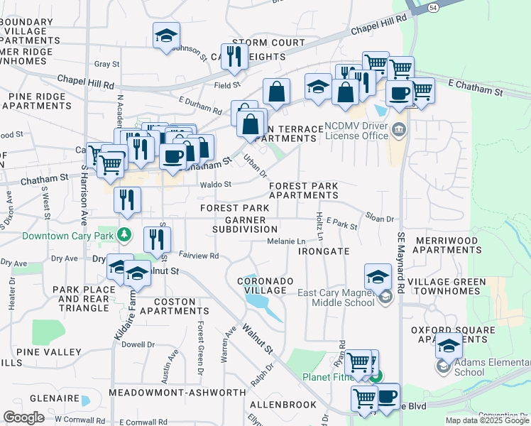 map of restaurants, bars, coffee shops, grocery stores, and more near 335 E Park St in Cary