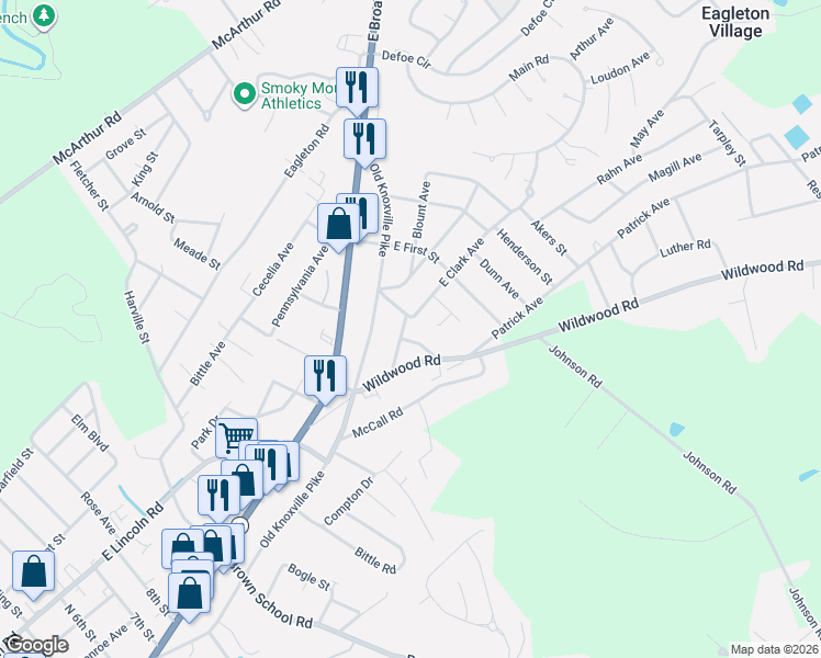 map of restaurants, bars, coffee shops, grocery stores, and more near 2330 Mitchell Avenue in Maryville