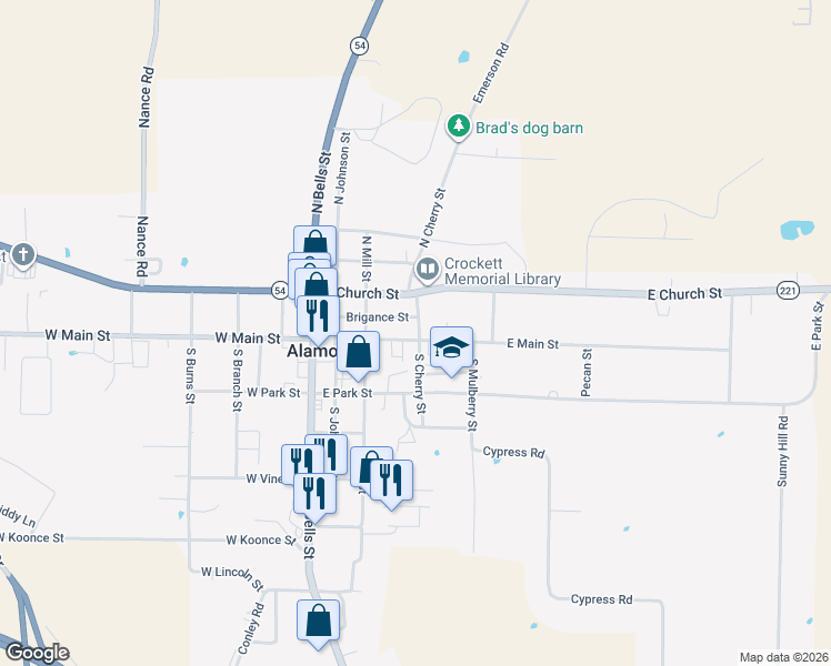 map of restaurants, bars, coffee shops, grocery stores, and more near 175 East Main Street in Alamo