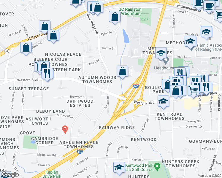 map of restaurants, bars, coffee shops, grocery stores, and more near 500 Blue Ridge Road in Raleigh