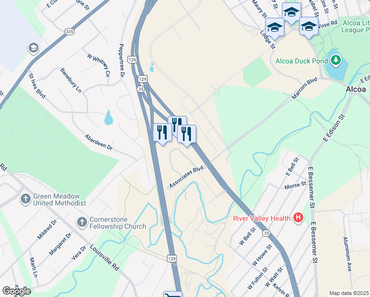 map of restaurants, bars, coffee shops, grocery stores, and more near 334 Fountain View Circle in Alcoa