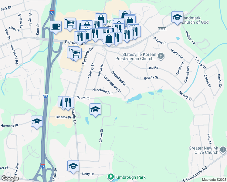 map of restaurants, bars, coffee shops, grocery stores, and more near 2029 Hazelwood Drive in Statesville