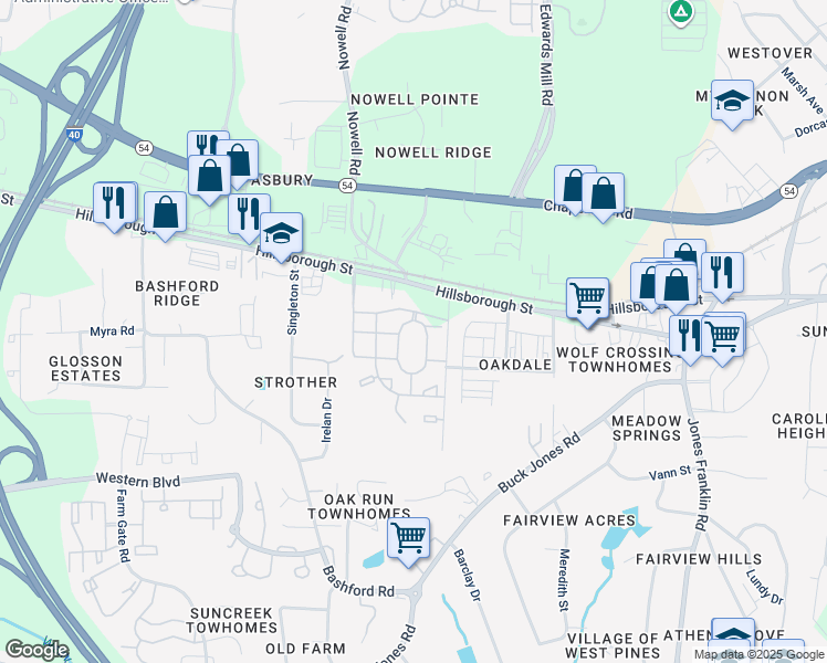 map of restaurants, bars, coffee shops, grocery stores, and more near 403 Wolf Creek Circle in Raleigh