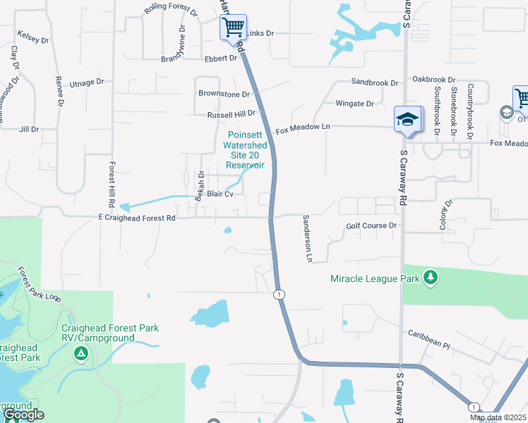 map of restaurants, bars, coffee shops, grocery stores, and more near 1006 Craighills Place in Jonesboro