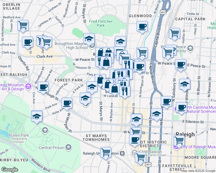 map of restaurants, bars, coffee shops, grocery stores, and more near in Raleigh