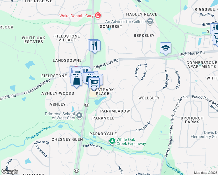 map of restaurants, bars, coffee shops, grocery stores, and more near 104 Parkcanyon Lane in Cary
