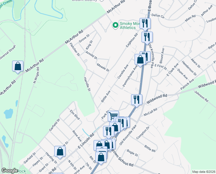 map of restaurants, bars, coffee shops, grocery stores, and more near 2325 Bittle Avenue in Maryville