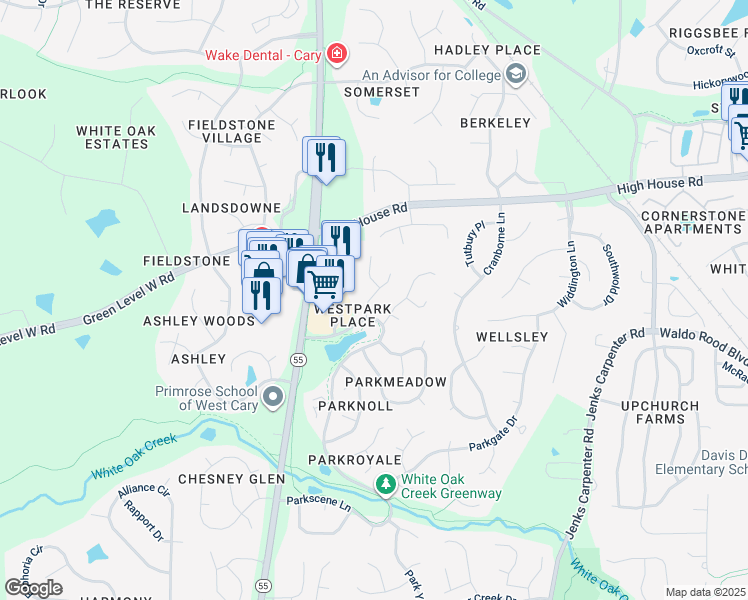 map of restaurants, bars, coffee shops, grocery stores, and more near 104 Parkcanyon Lane in Cary