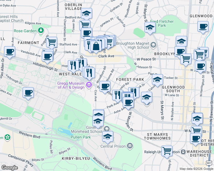 map of restaurants, bars, coffee shops, grocery stores, and more near 117 Forest Road in Raleigh