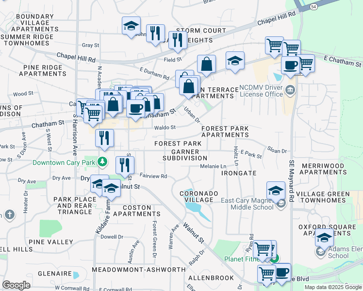 map of restaurants, bars, coffee shops, grocery stores, and more near 319 East Park Street in Cary