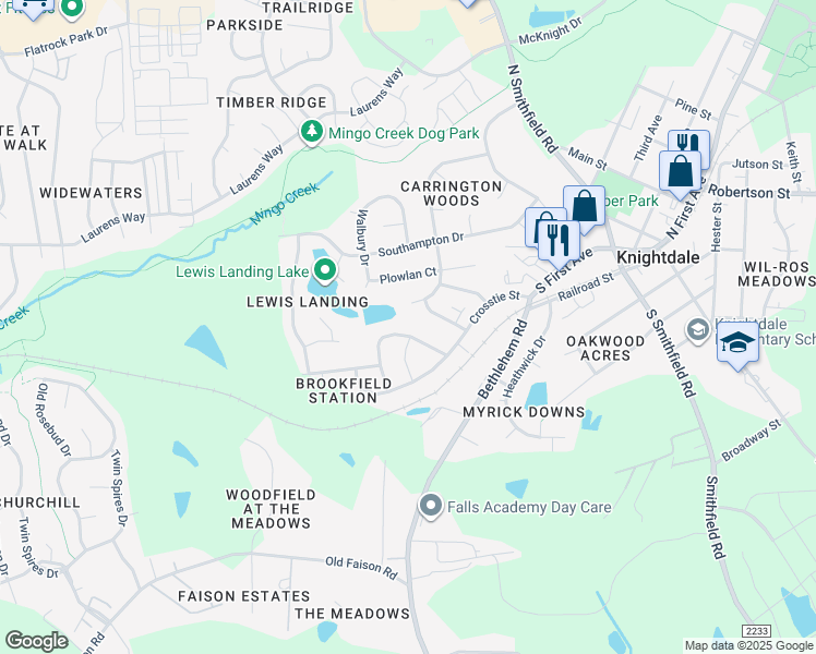 map of restaurants, bars, coffee shops, grocery stores, and more near 119 Switchback Street in Knightdale