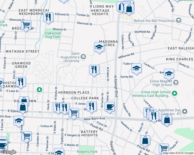map of restaurants, bars, coffee shops, grocery stores, and more near 1830 Bakers Grove Way in Raleigh