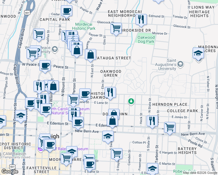 map of restaurants, bars, coffee shops, grocery stores, and more near 418 Elm Street in Raleigh