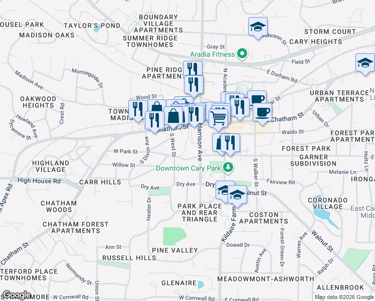 map of restaurants, bars, coffee shops, grocery stores, and more near 1015 Parkthrough Street in Cary