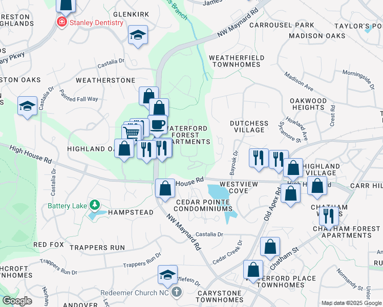 map of restaurants, bars, coffee shops, grocery stores, and more near 1134 Waterford Forest Circle in Cary